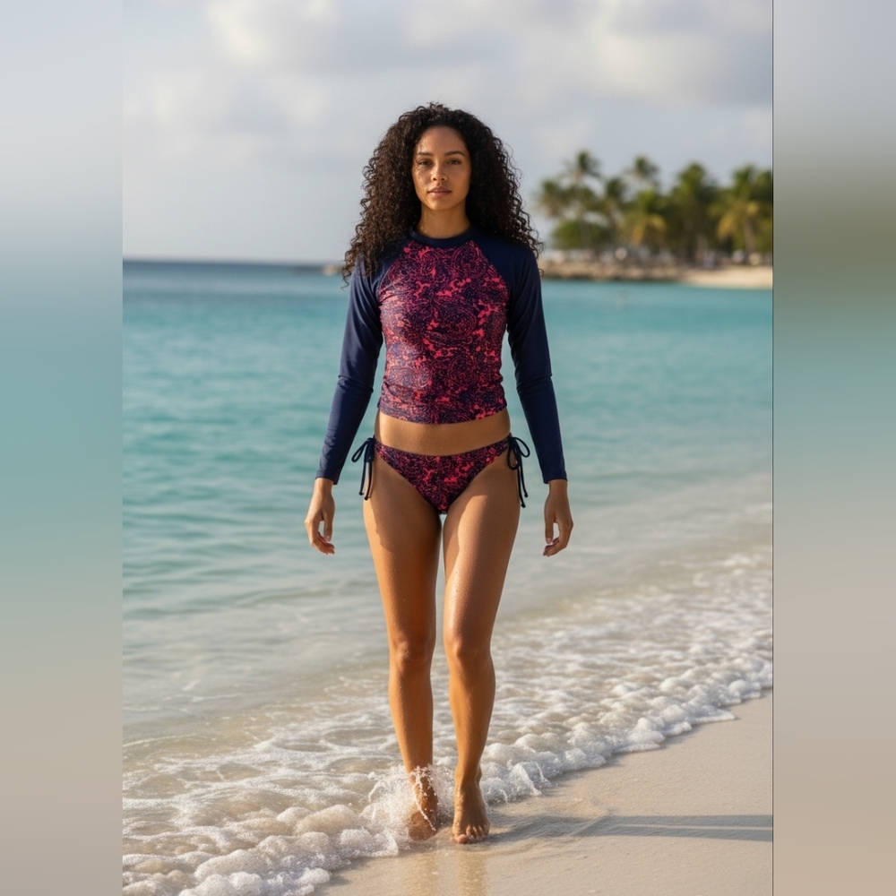 Boden Navy and Pink Bikini Set Rashguard Top Sz 8 Navy Red
